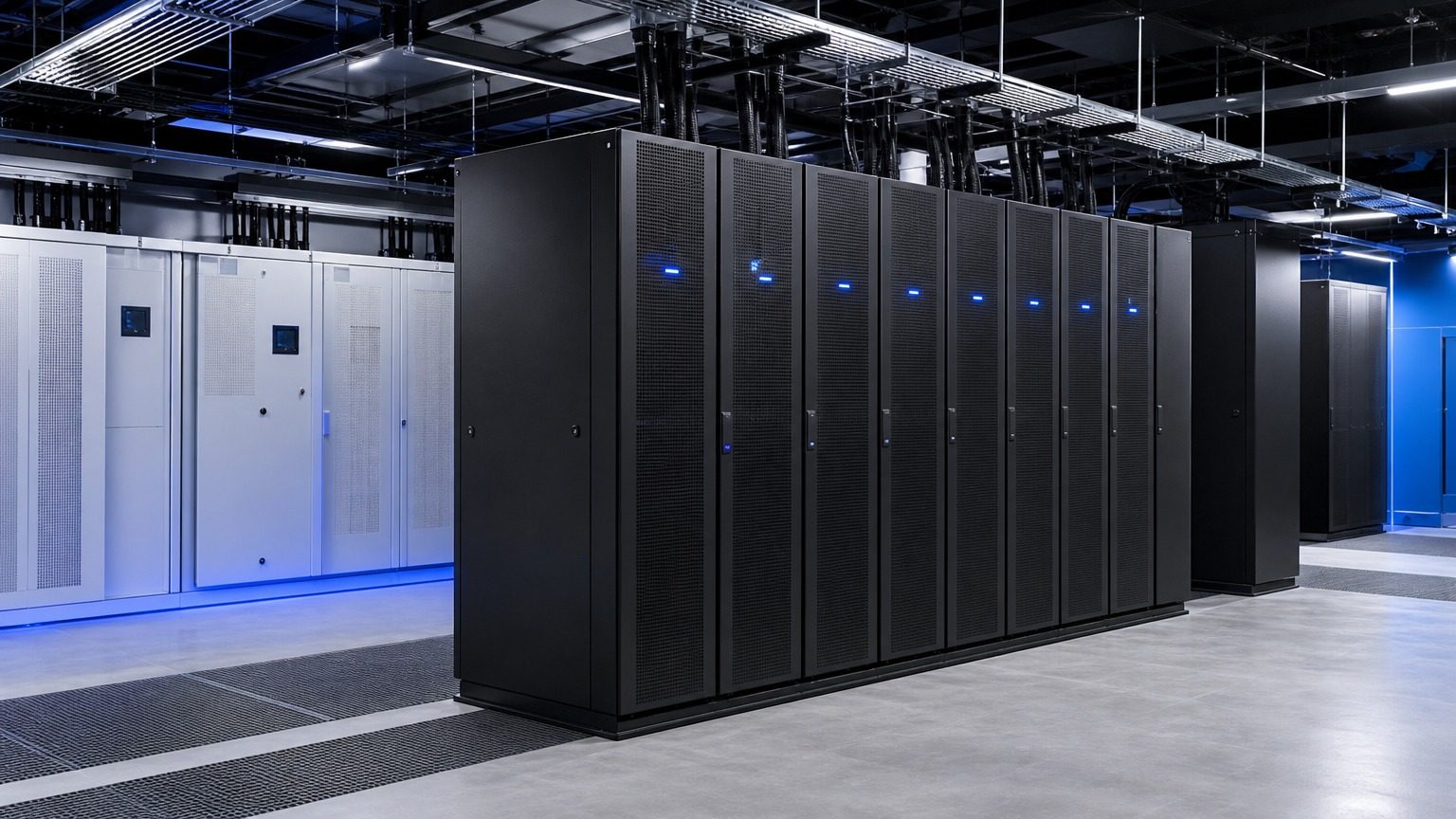 Precision cooling units alongside server racks in a data hall