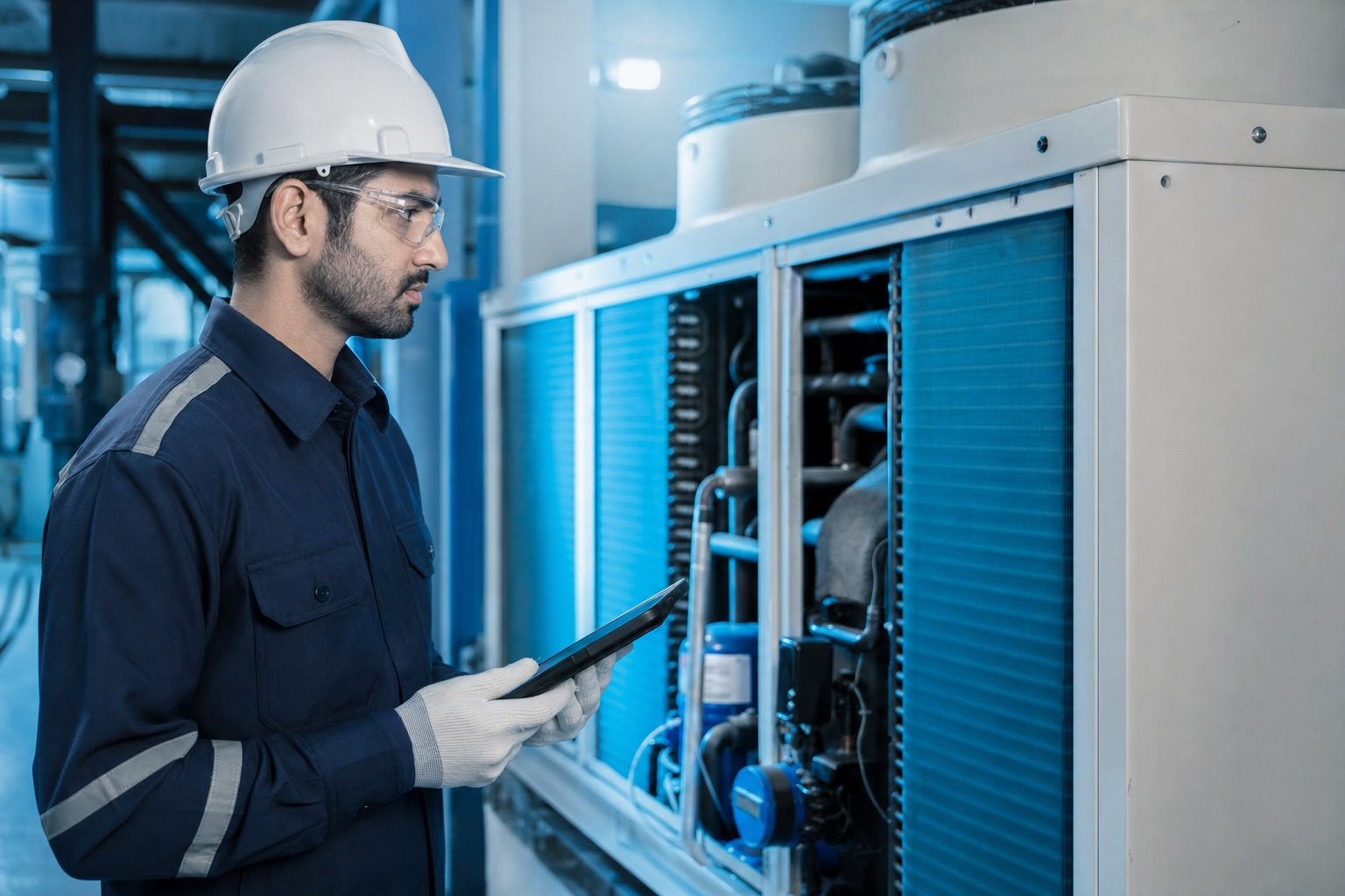 CoolGrid engineer inspecting a chiller during a maintenance visit