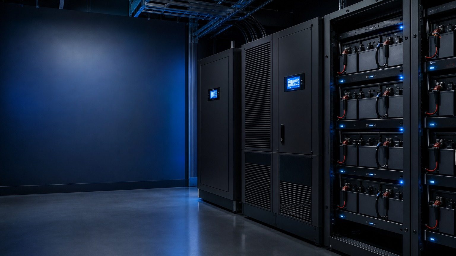 UPS cabinets and battery racks in a critical power room
